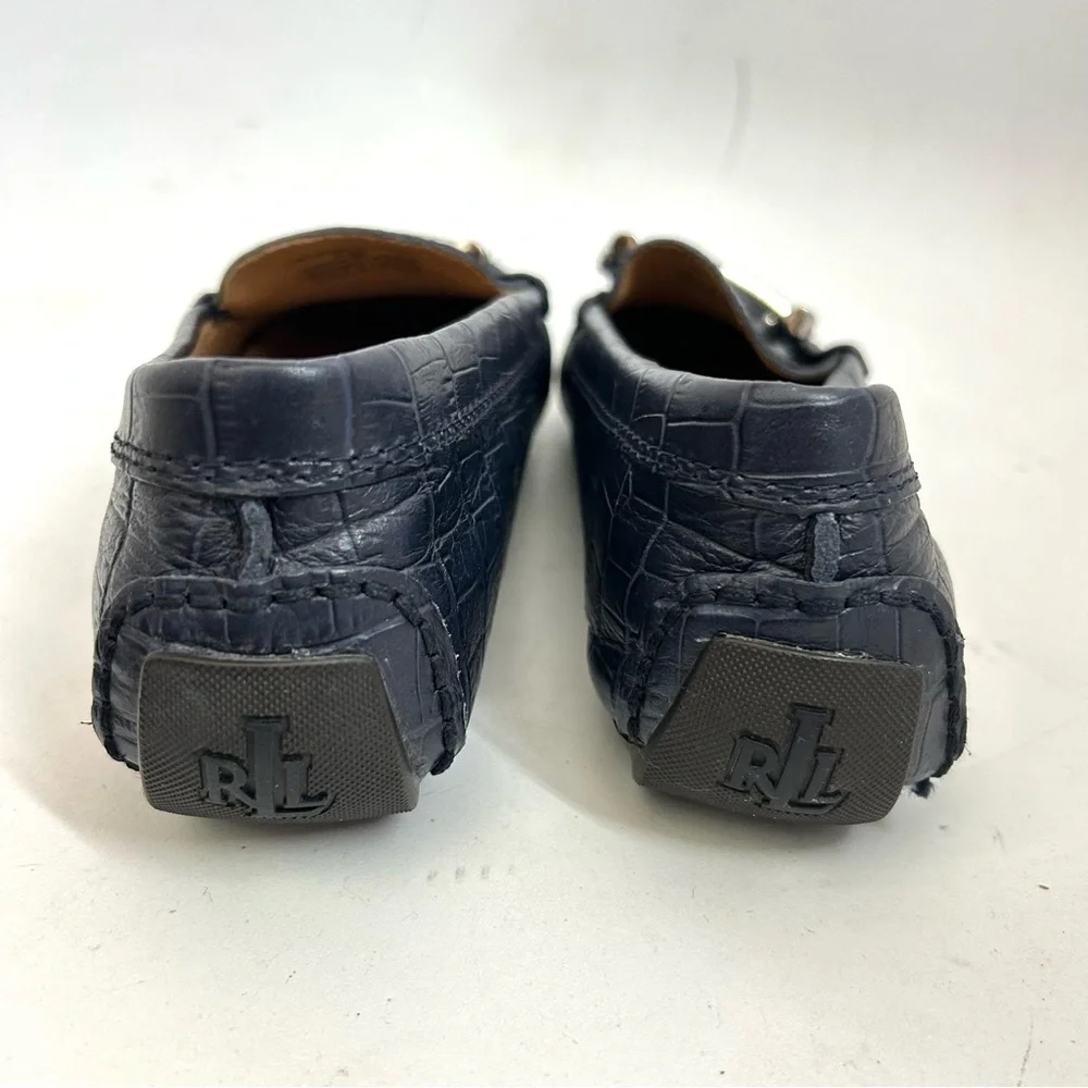 Lauren Ralph Lauren Caliana Croc Embossed Navy Leather Driving Loafers 7.5